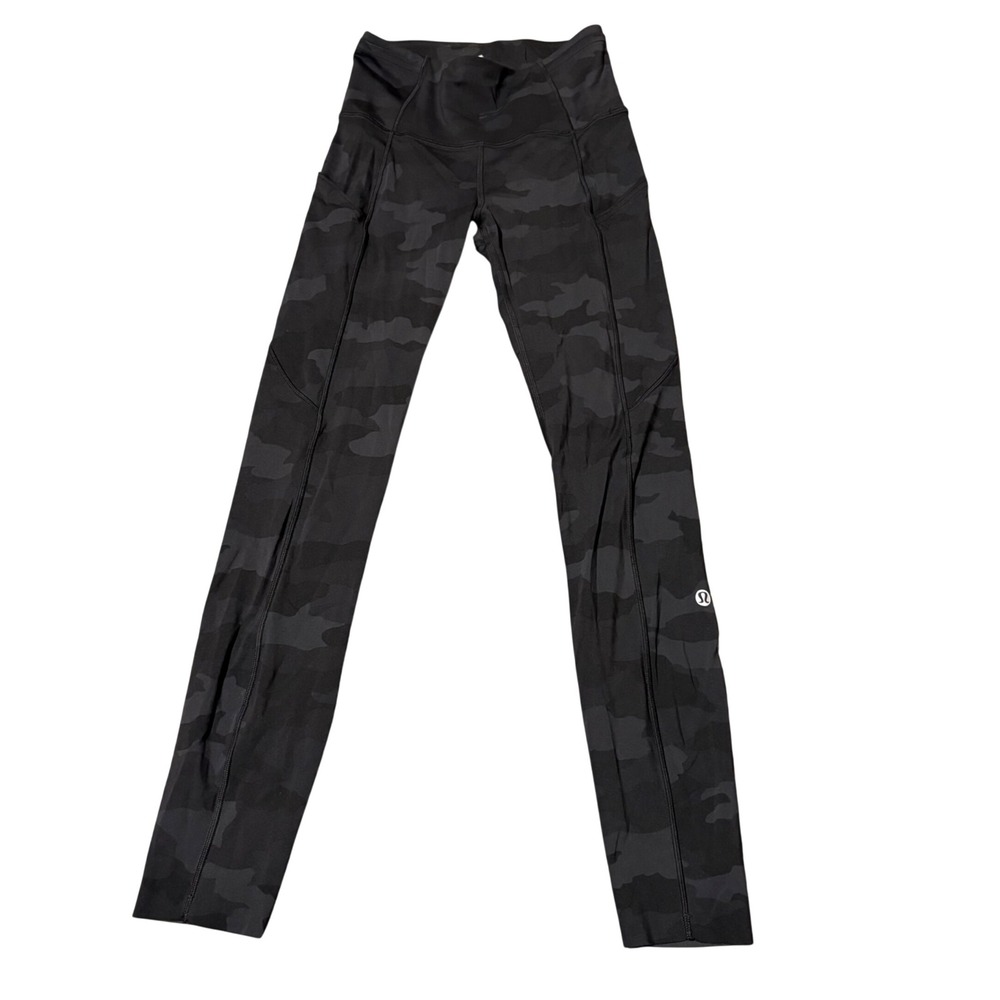 Lululemon Fast and Free Leggings Womens 2 Black Camo High Rise Pockets